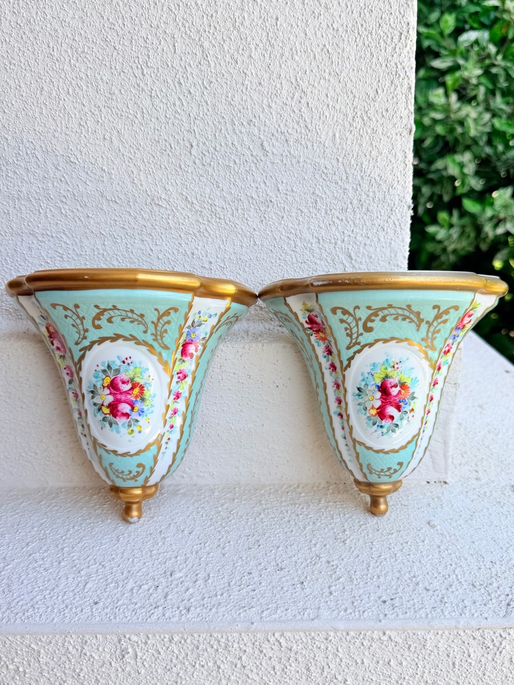 Vintage French Hand Painted Porcelain Wall Pocket Vases Floral Gold Pair